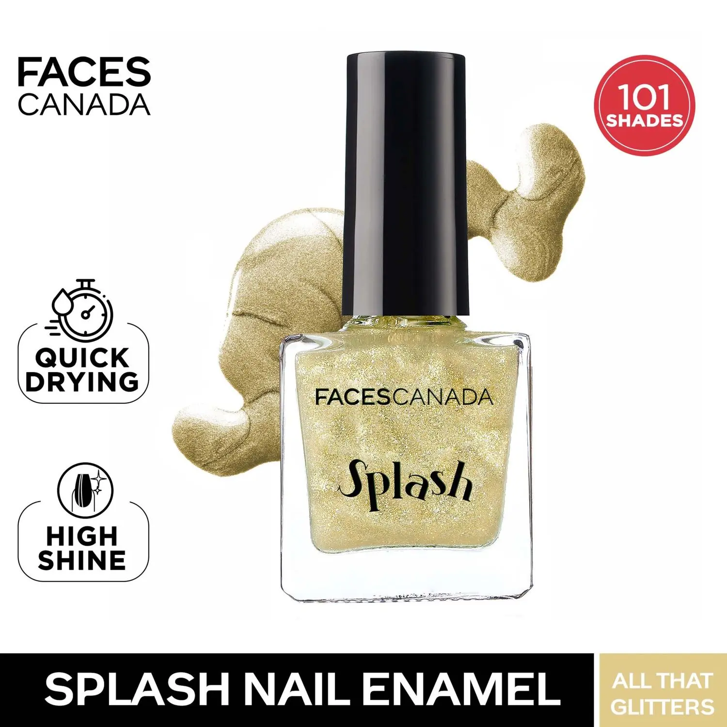 Faces Canada Splash Nail Enamel | Fast Dry | High Shine | Long Lasting | No Chip Formula | No Harmful Chemicals | Shade - All That Glitters 8ml