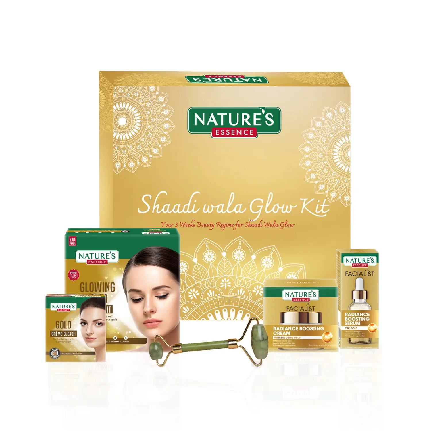 Nature's Essence Shaadi Wala Glow Kit - 3 weeks ritual | Skincare combo for Women | For Radiant glowing Skin |Gold Facial kit, Bleach, Serum, cream & Jade Roller | Suitable for all skin types | Pack of 5, 126g+30ml