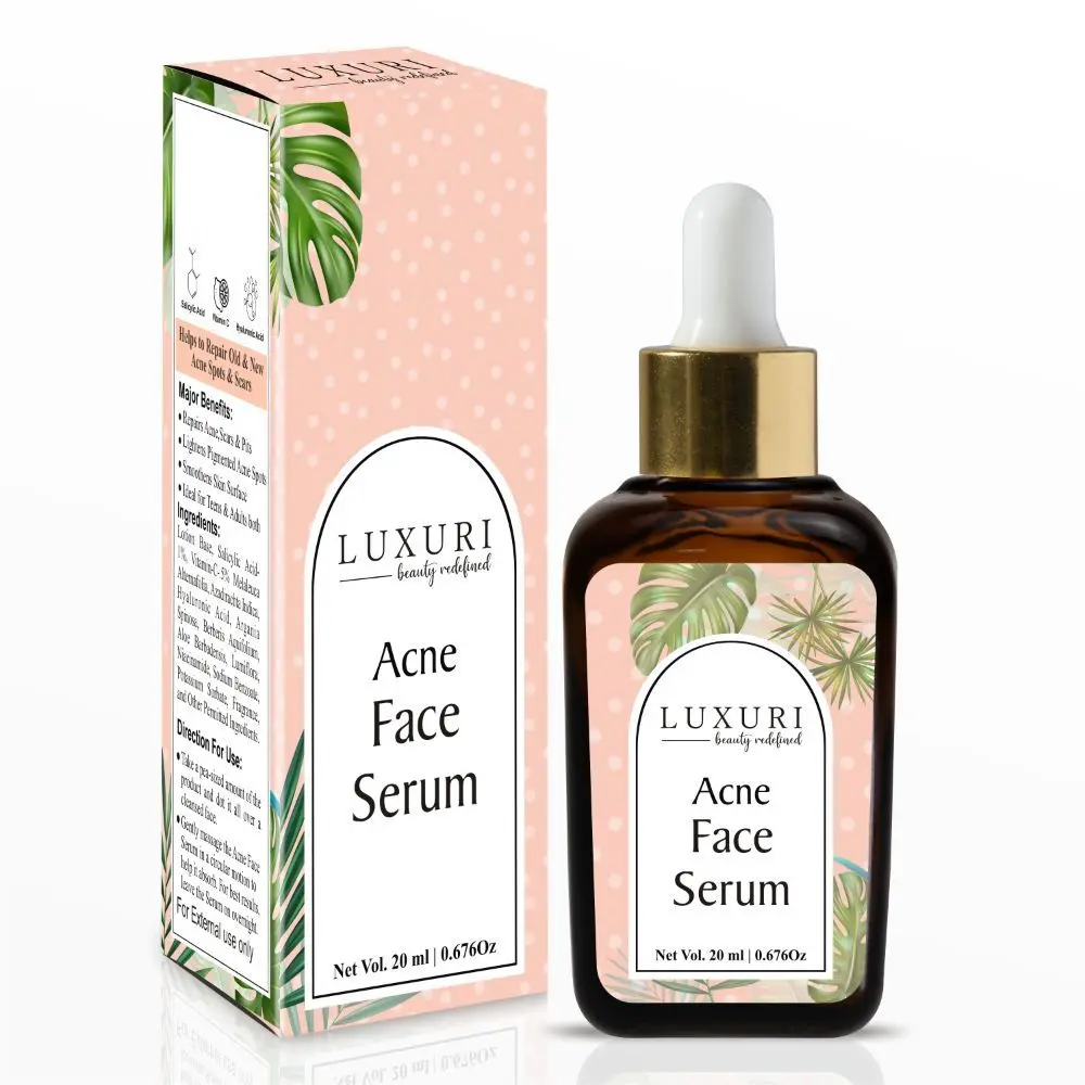 LUXURI Serum For Acne, Pimples, Blackheads & Open Pores | Reduces Excess Oil & Bumpy Texture | BHA Based Exfoliant for Acne Prone or Oily Skin With Salicylic Acid & Vitamin C | 20ml