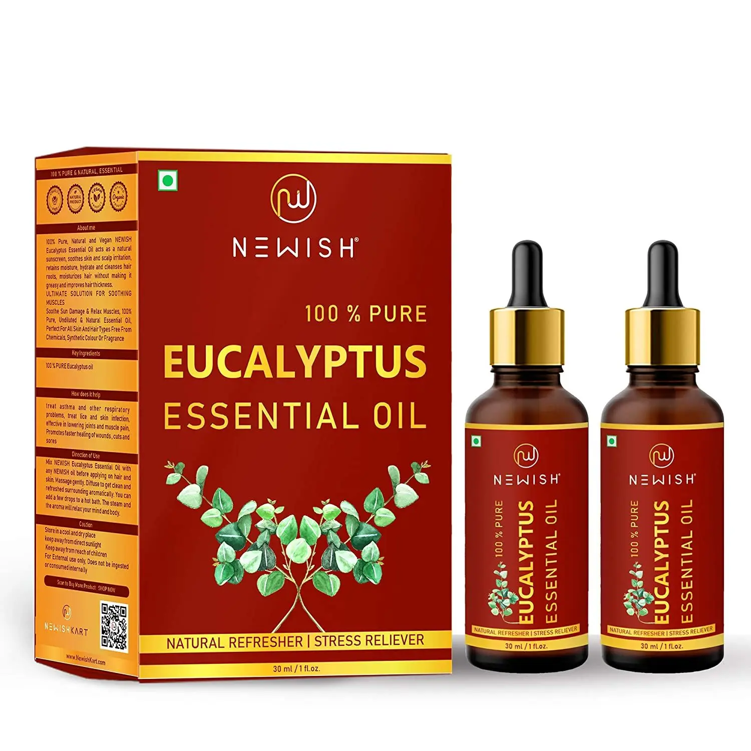 Newish® Eucalyptus Oil for Cold & Cough for Steam Inhalation - 30 ml | 100% Pure & Natural Eucalyptus Essential Oil for Steam, Hair, Pain Relief & Diffuser | Undiluted, Natural Aromatherapy, Therapeutic Grade 30ml - Pack of 2