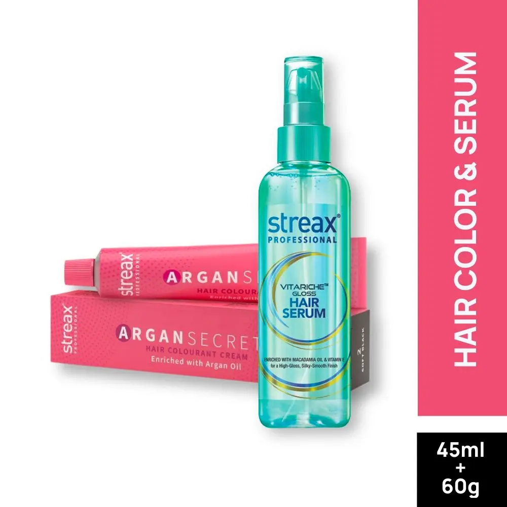 Streax Professional Vitariche Gloss Hair Serum + Argan Secret Hair Colourant Cream - Soft Black 2 (45 ml + 60 g )