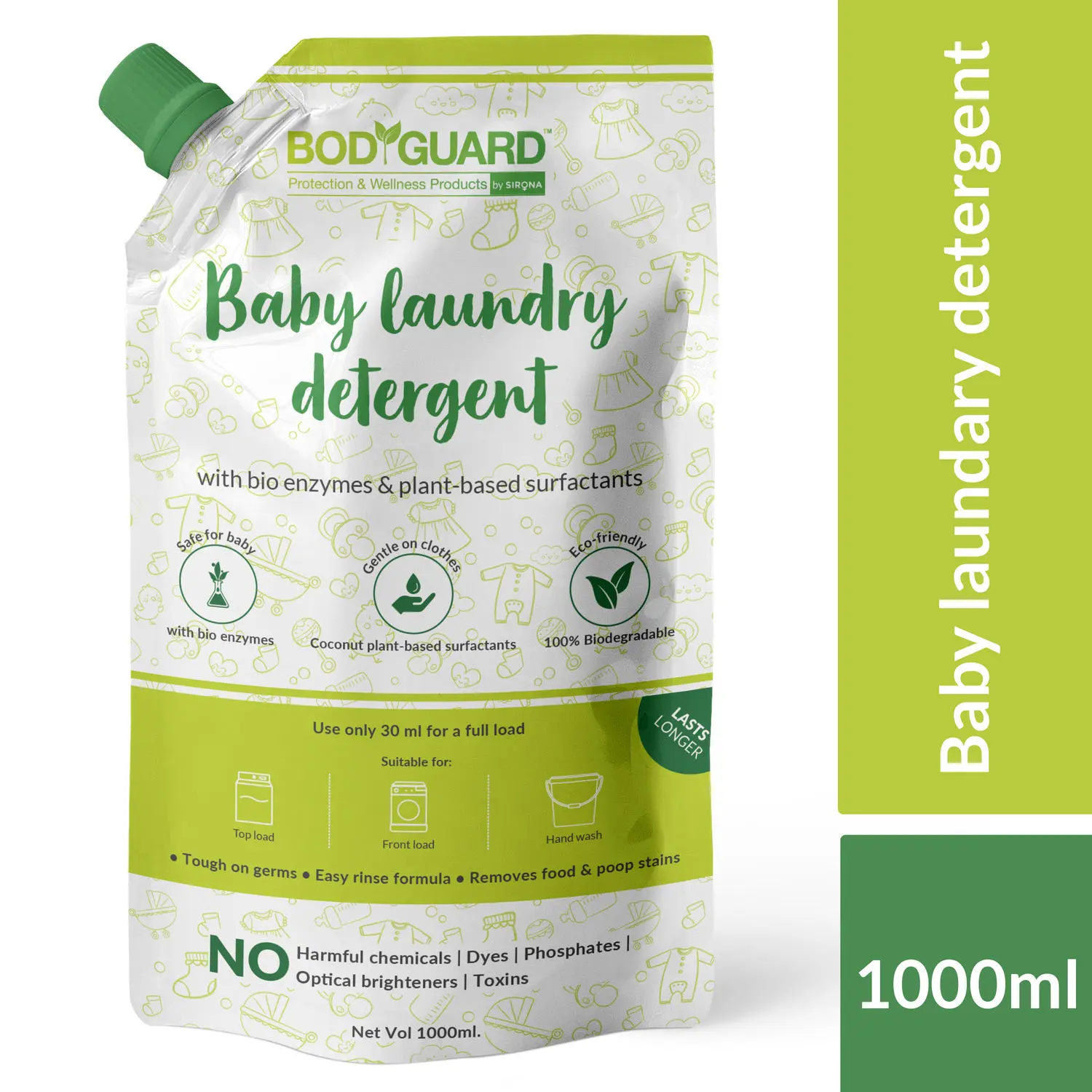 BodyGuard Plant Based Baby Laundry Liquid Detergent - 1 Ltr (Pouch) with Bio-Enzymes & Lemon Oil