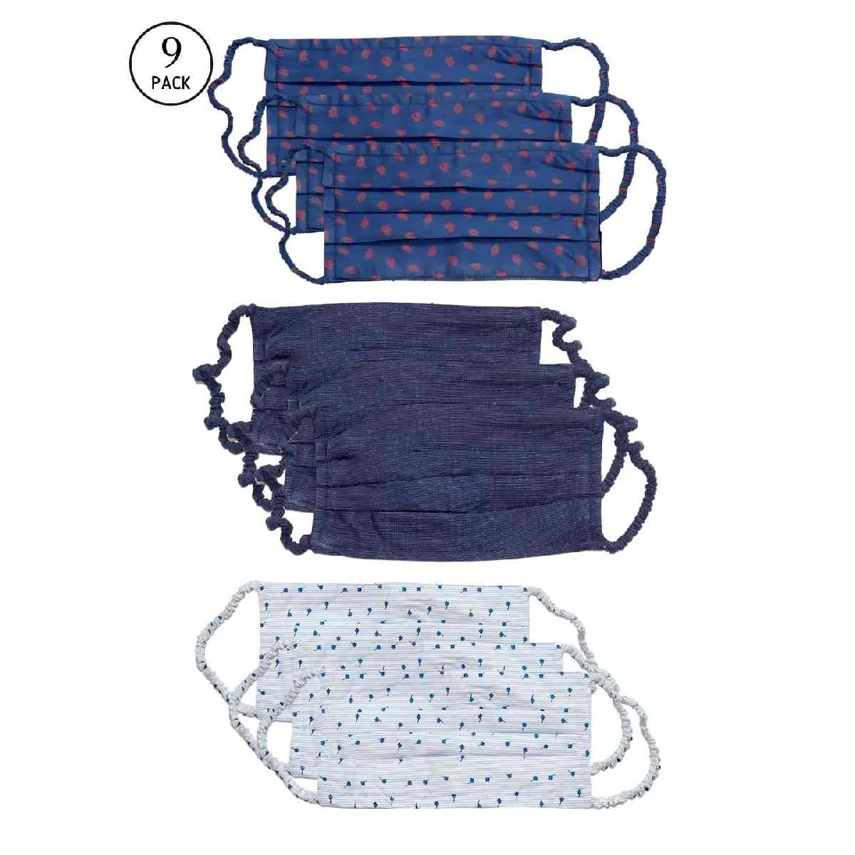 Bellofox 3-Ply Blue Ross,Aaron And Clark Cotton Face Mask (Pack Of 9)