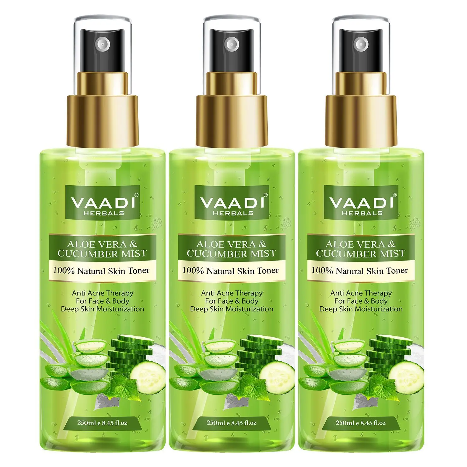 Vaadi Herbals Pack of 3 Aloe Vera & Cucumber Mist - 100% Natural Skin Toner (250 ml x 3)