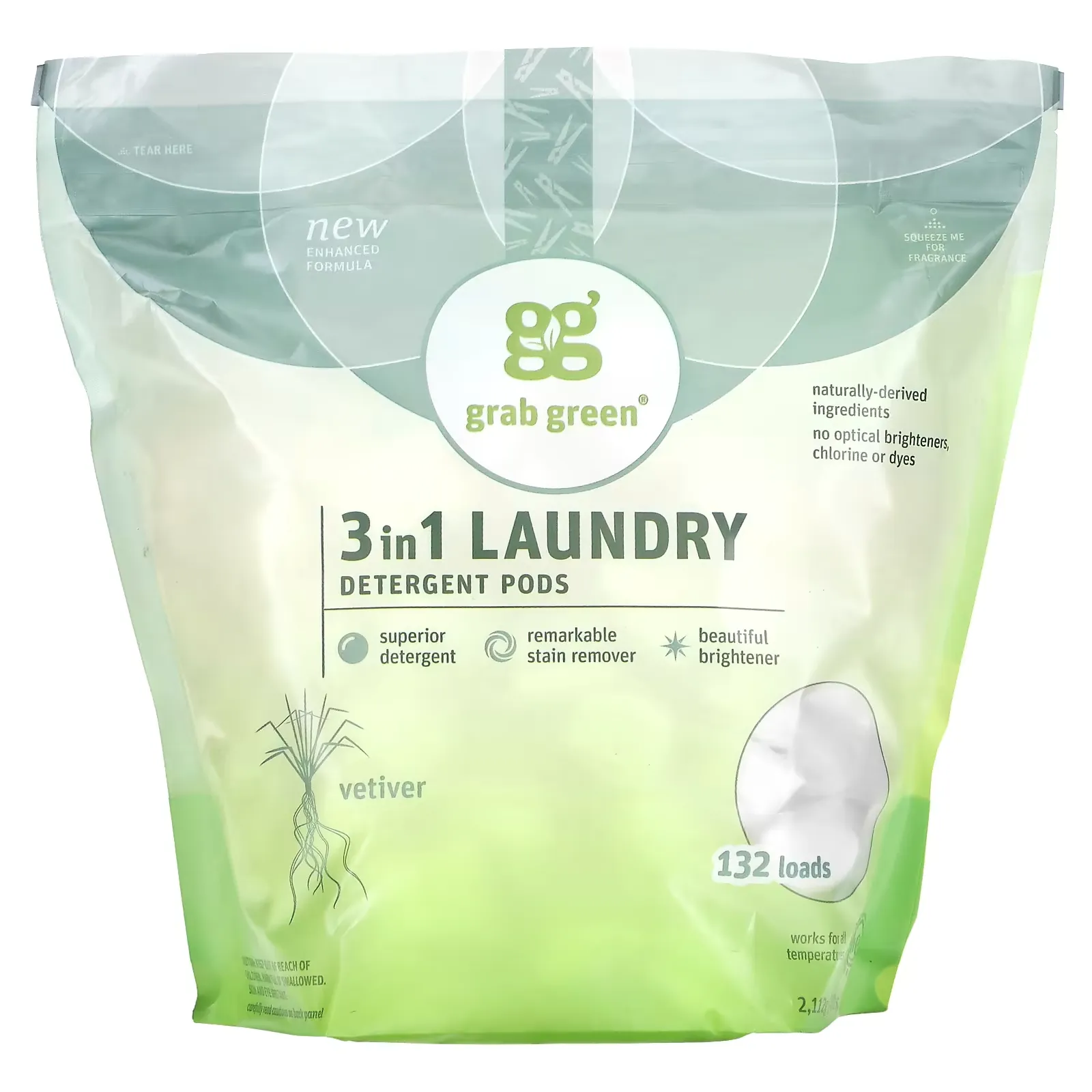 3-in-1 Laundry Detergent Pods, Vetiver, 132 Loads, 4 lbs