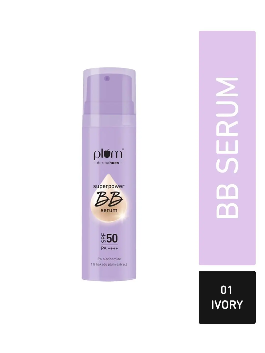 Plum Superpower BB Serum with SPF 50 PA ++++ | Natural Everyday Base | Evens Out Skin Tone | Buildable Coverage | With 3% Niacinamide | 100% Vegan & Cruelty Free | 30 ml - 01 Ivory