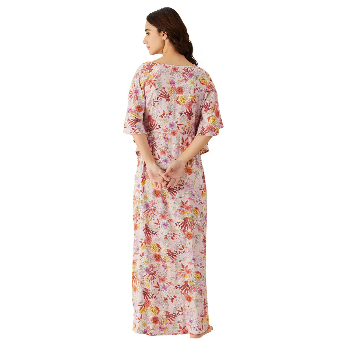 The Kaftan Company Pink Floral Print Kimono Maternity and Feeding Nightdress (M)