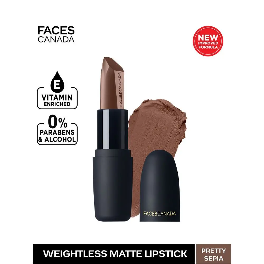 Faces Canada Weightless Matte Lipstick |Jojoba & Almond Oil | Highly pigmented | Smooth One Stroke Color | Keeps Lips Moisturized |Pretty Sepia 4.5 gm