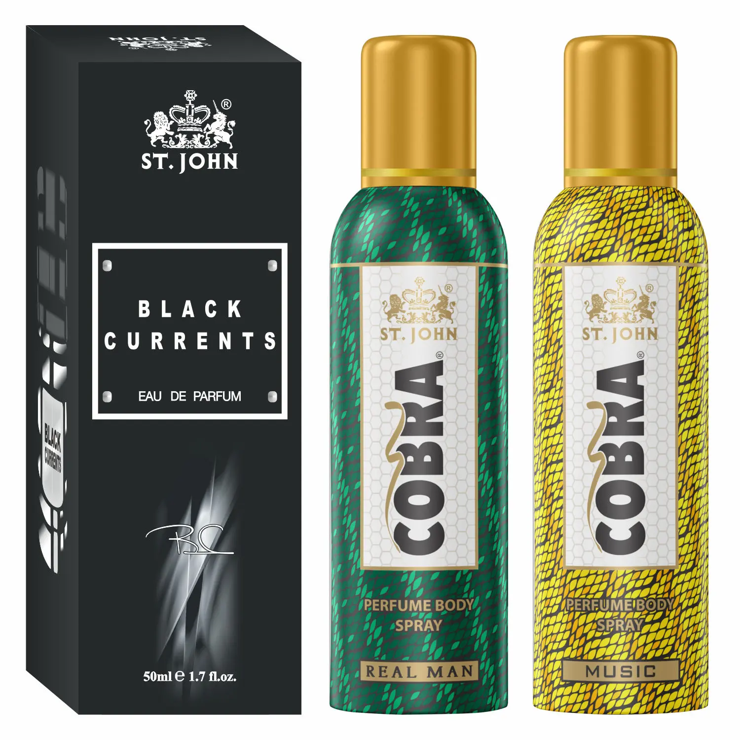 ST-JOHN Cobra No Gas Deodorant Music, Real Man 100ml each & Black Current 50ml Combo Perfume Body Spray - For Men & Women (250 ml, Pack of 3)