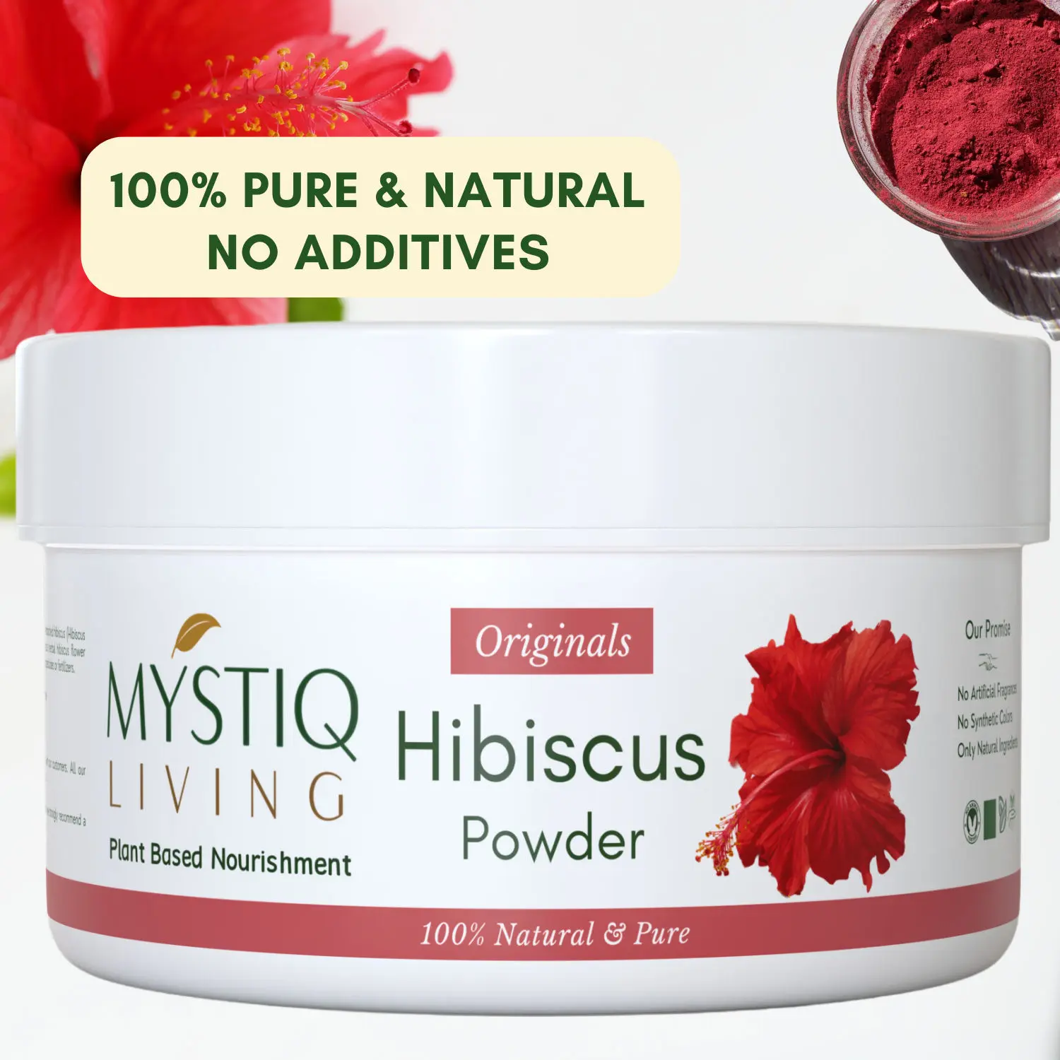 Mystiq Living Hibiscus Powder (100 Gm) Pure Gudhal Powder, Organic Hibiscus Flower Powder for hair mask, face mask 100% Natural