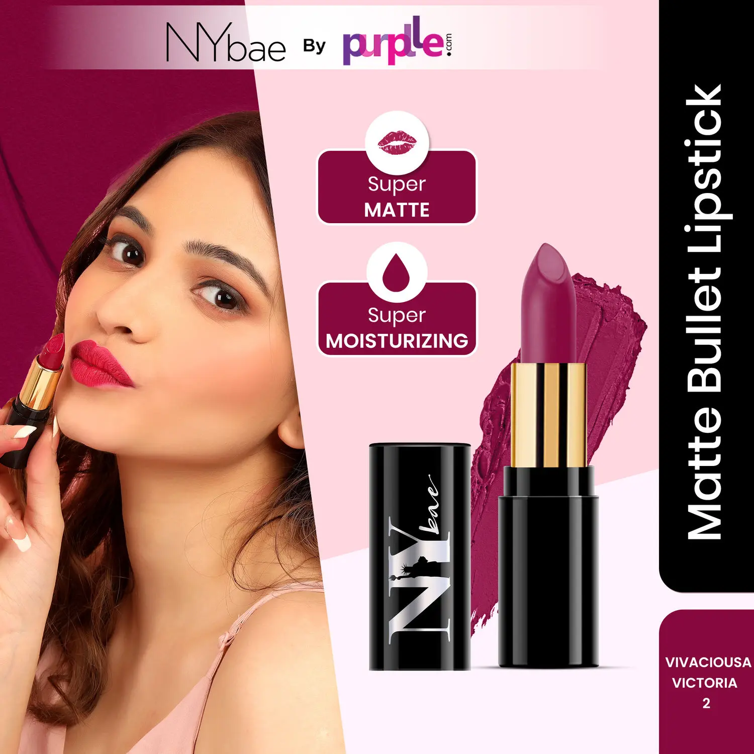 NY Bae Super Matte Lipstick - Vivacious Victoria 21 (4.2 g) | Purple | Matte Finish | Enriched with Vitamin E | Rich Colour Payoff | Nourishing | Long lasting | Smudgeproof | Vegan | Cruelty & Paraben Free