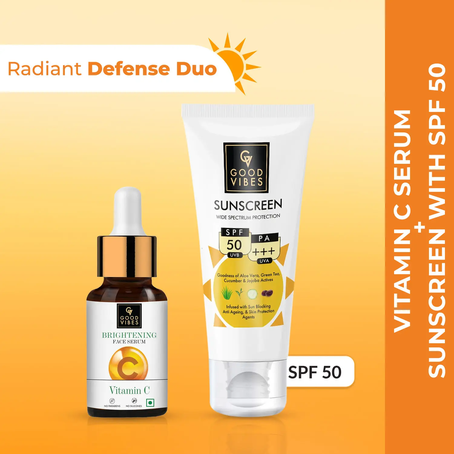 Good Vibes Vitamin C Brightening Serum and Wide Spectrum Protection Sunscreen with SPF 50 (Set of 2)