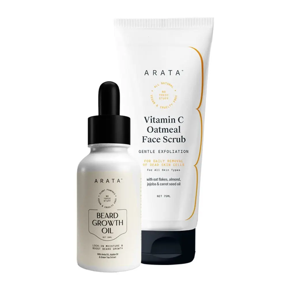 Arata Beard Champion Set With Vitamin C Oatmeal Face Scrub (75 ML) & Beard Growth Oil (30 ML) | Gentle Exfoliation | Lock-In Moisture & Boost Beard Growth
