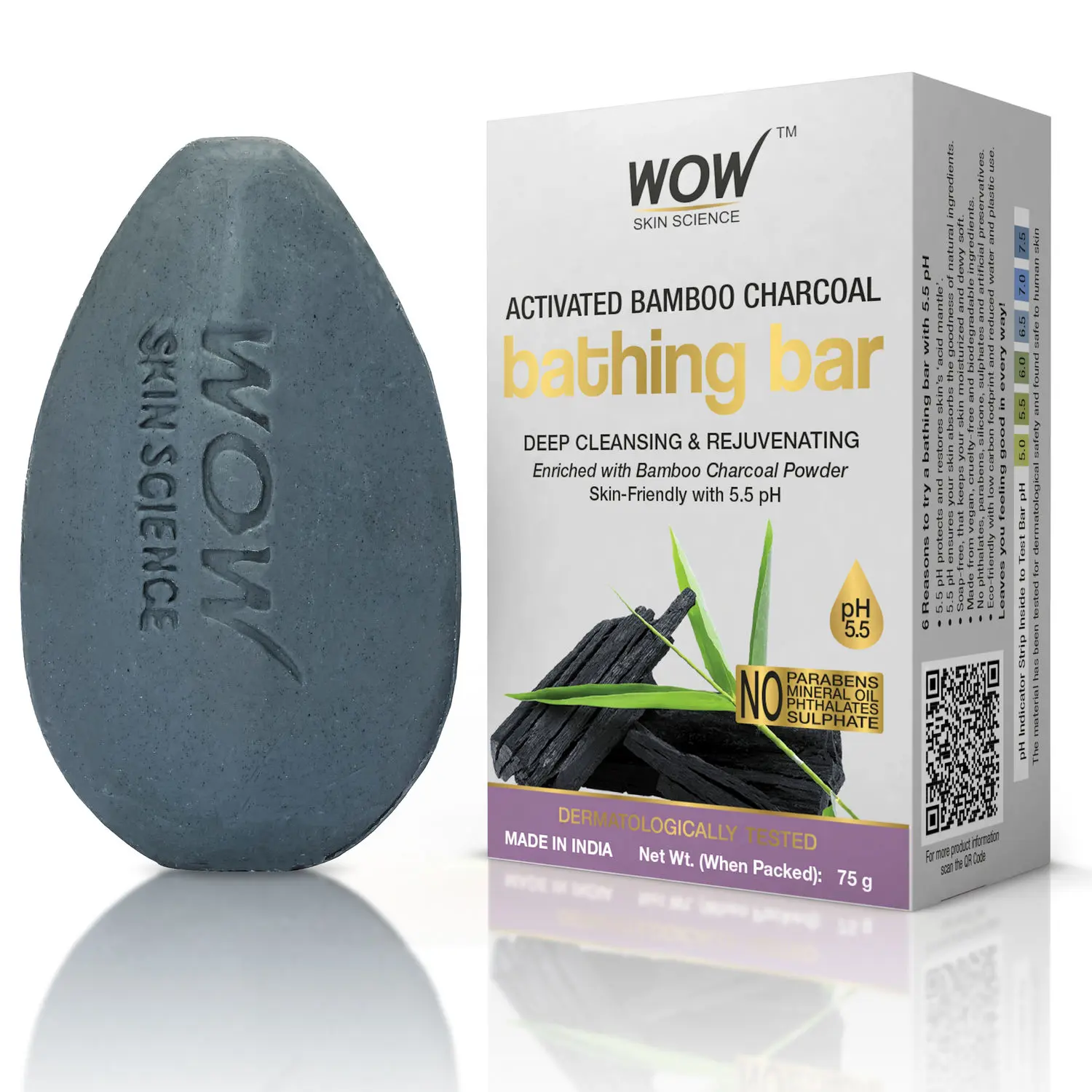 WOW Skin Science Activated Bamboo Charcoal Bathing Bar Skin-Friendly with 5.5 pH - (75 g)