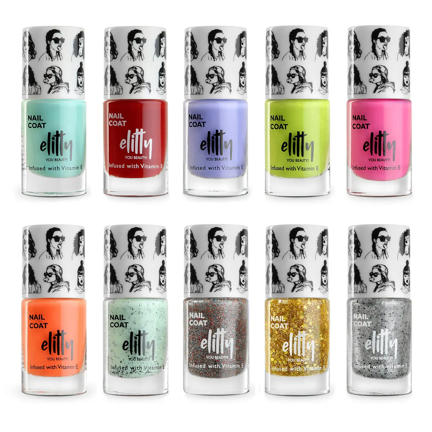 Elitty Nail Polish Combo -Winning  (Aqua, Purple, Orange, Pink, Green, Red, Mint Cookie, Silver, Multi-coloured, Golden)