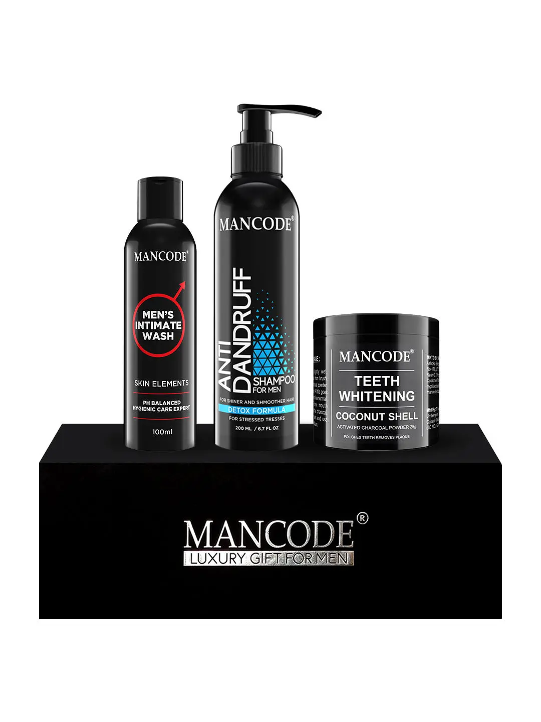 Mancode Gift Set for Men - Premium Luxury Bath Essential Kit (Intimate Wash + Anti Dandruff Shampoo + Teeth Whitening) Gift Set - 07