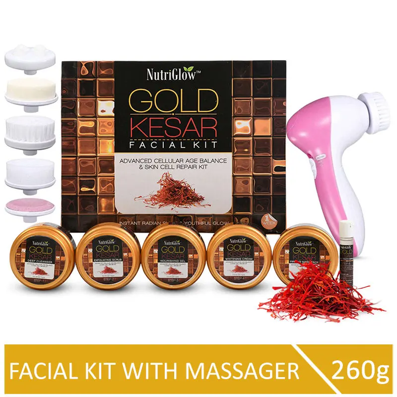 NutriGlow Gold Kesar Facial Kit For Instant Radiant Shine (260 gm) With 5-in-1 Face Massager