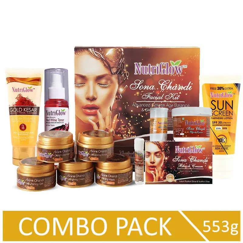 NutriGlow Combo of 5: Sona Chandi Facial Kit (260 gm)/ Bleach Cream (43 gm)/ Gold Kesar Cleanser (65 ml)/ Red Wine Toner (120 ml) and Sun Screen SPF 30 (65 ml)