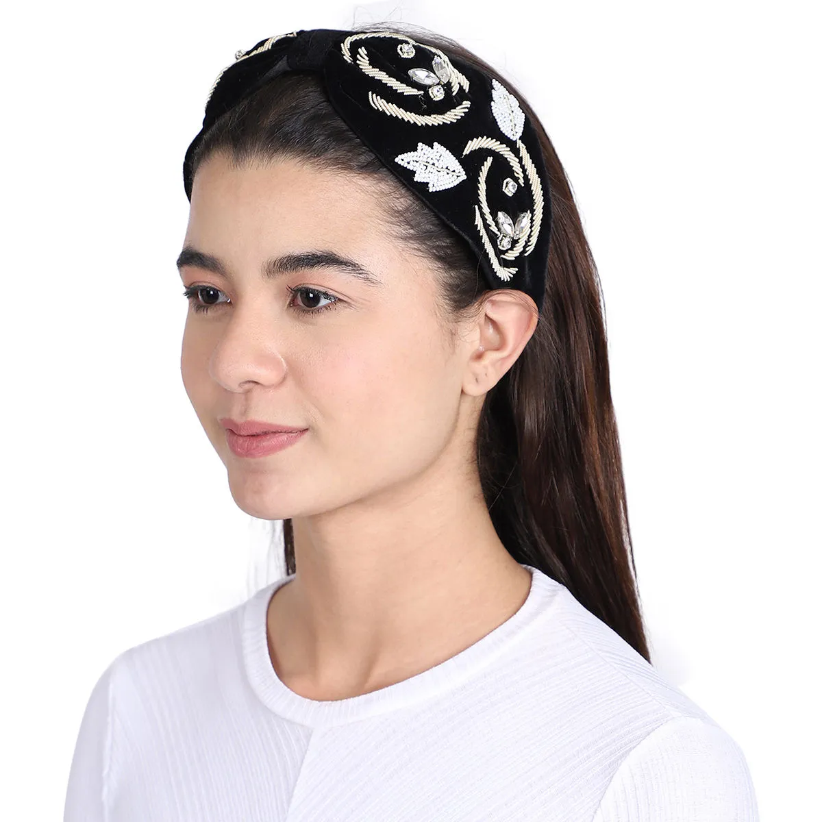 Anekaant Black/gold Velvet Embellished Hairband