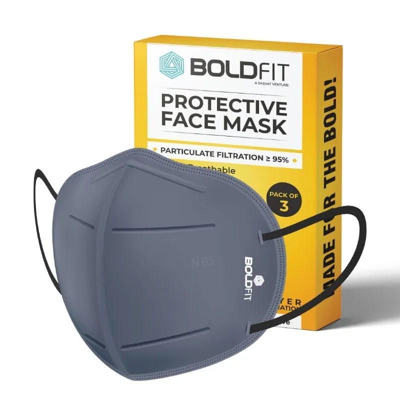 Boldfit N95 Mask For Men & Women - 5 Layer - Pack Of 3 (Grey)