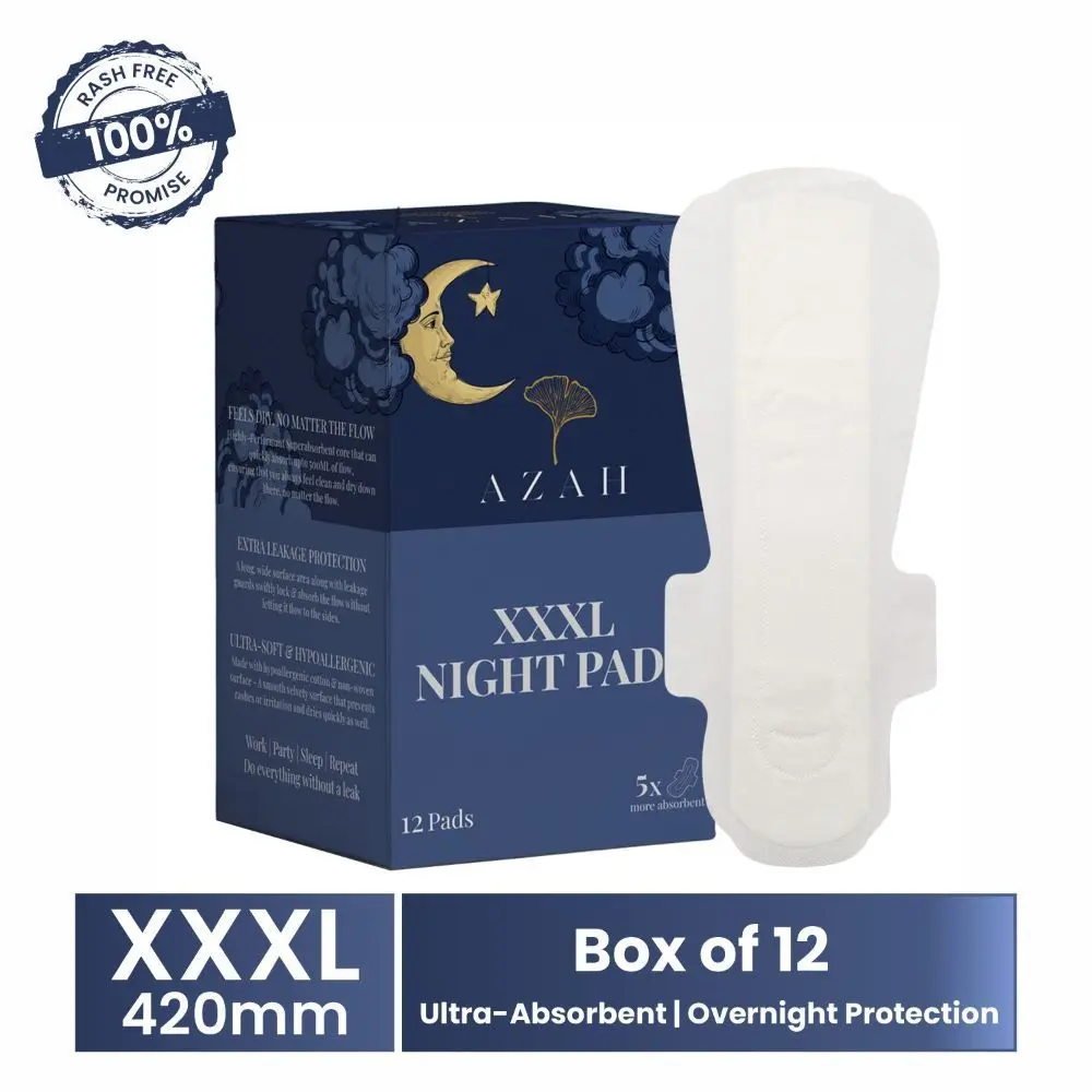 Azah Ultra-Absorbent Night Pads | XXXL Sanitary Pads for Heavy Flow | 500ml Absorption | Made Safe Certified | Soft & Rash-Free Breathable Cotton | 100% Cotton (Pack of 12)