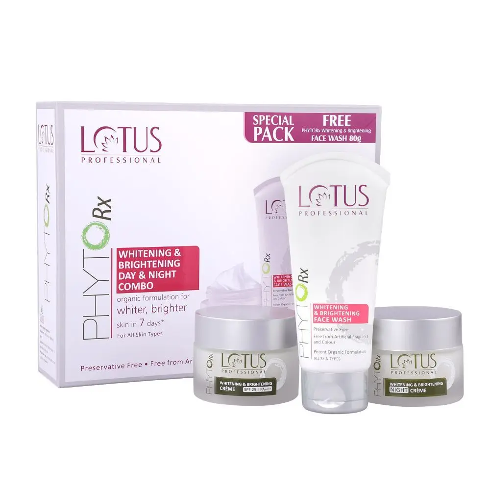 Lotus Professional PhytoRx Whitening & Brightening Skin Care Combo | Day Cream 50g | Night Cream 50g | Free Face Wash 80g | 180g