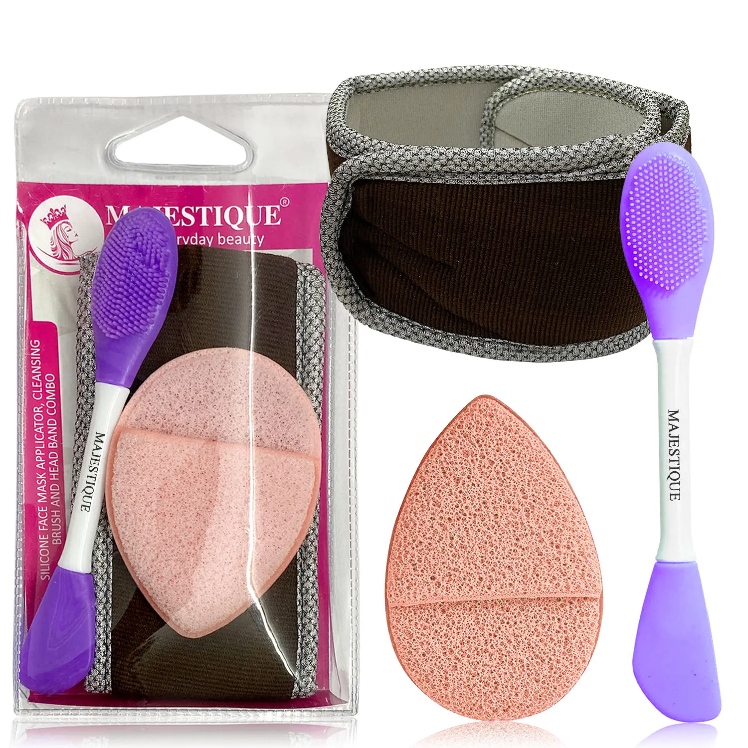 Majestique Facial Head Band, Dual Sided Silicone Brush with Makeup Remover Sponge - Color May Vary
