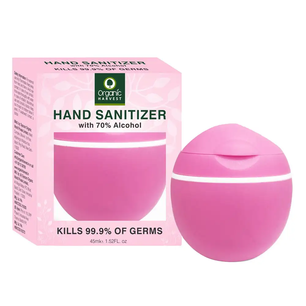 Organic Harvest Hand Sanitizer with 70% Alcohol,  Tea Tree Essential Oil  45 ml  Kills 99.9% Bacteria and Germs Pink