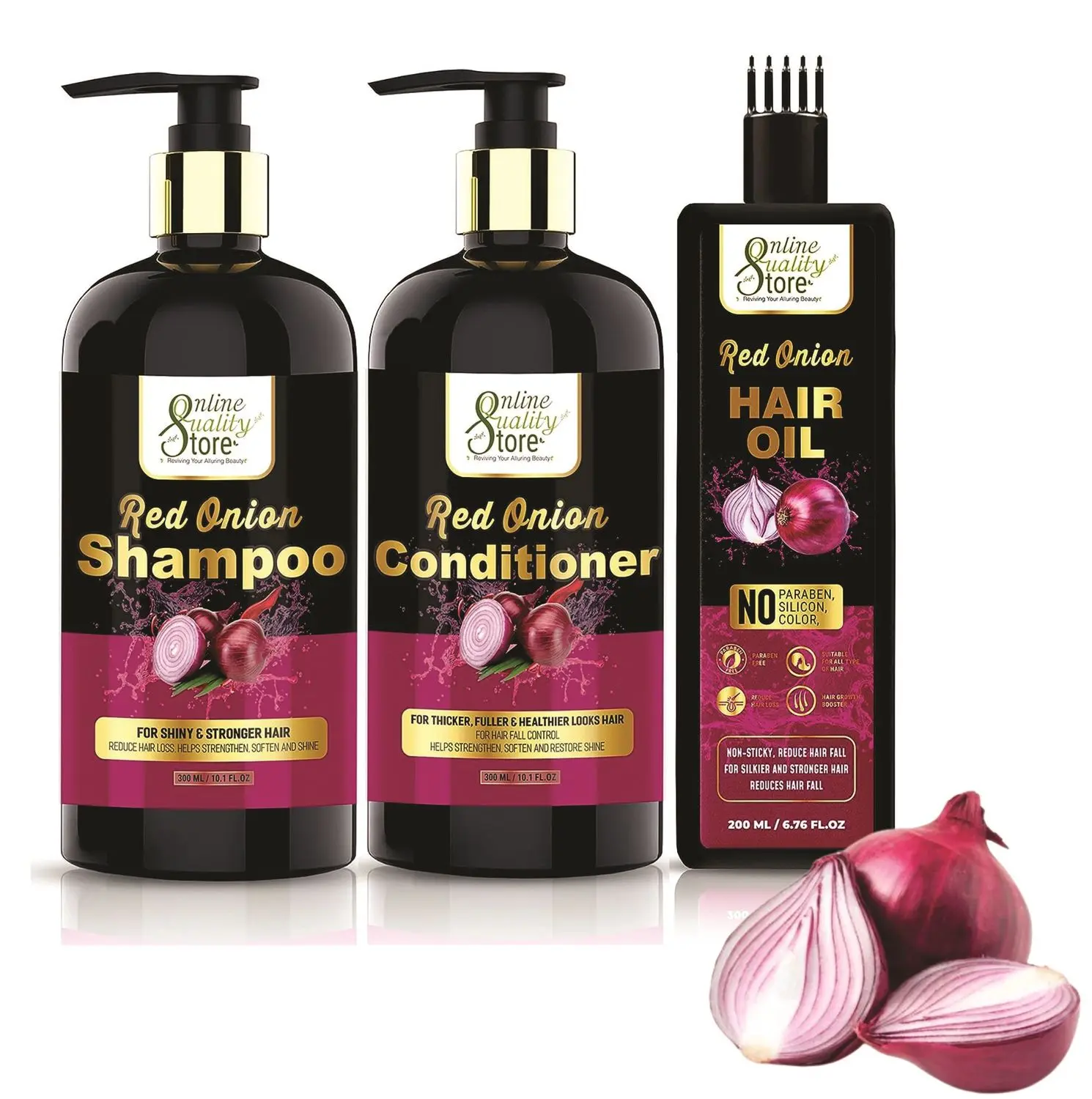 Online Quality Store Ultimate Onion Oil Hair Care Kit for Hair Fall Control - Shampoo 300ml + Conditioner 300ml + Onion Hair Oil 200ml (Shampoo + Conditioner + Oil) |Natural hair care Products