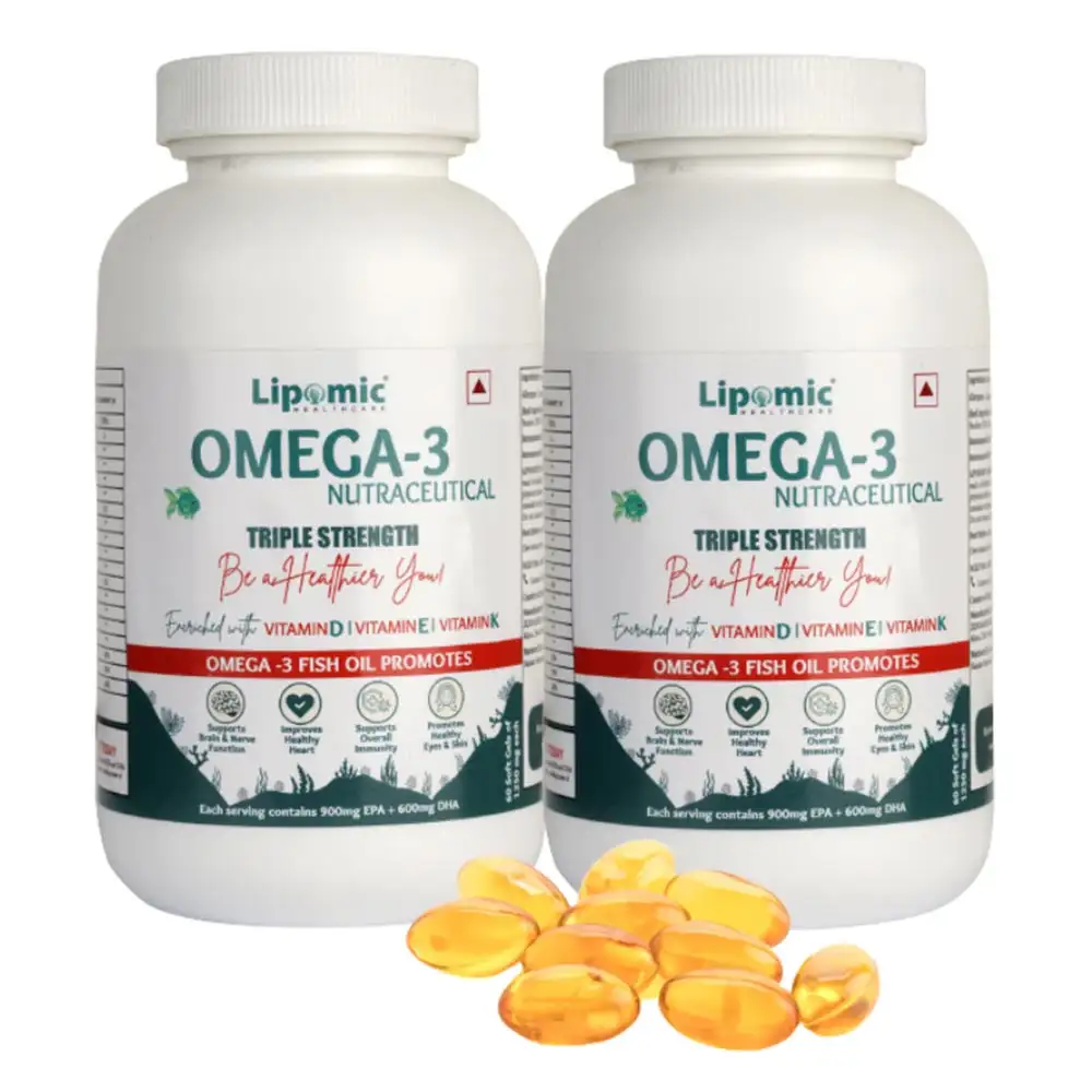 Lipomic Healthcare Omega-3 Fish Oil 1500mg Triple Strength (Pack of 2),  60 softgels