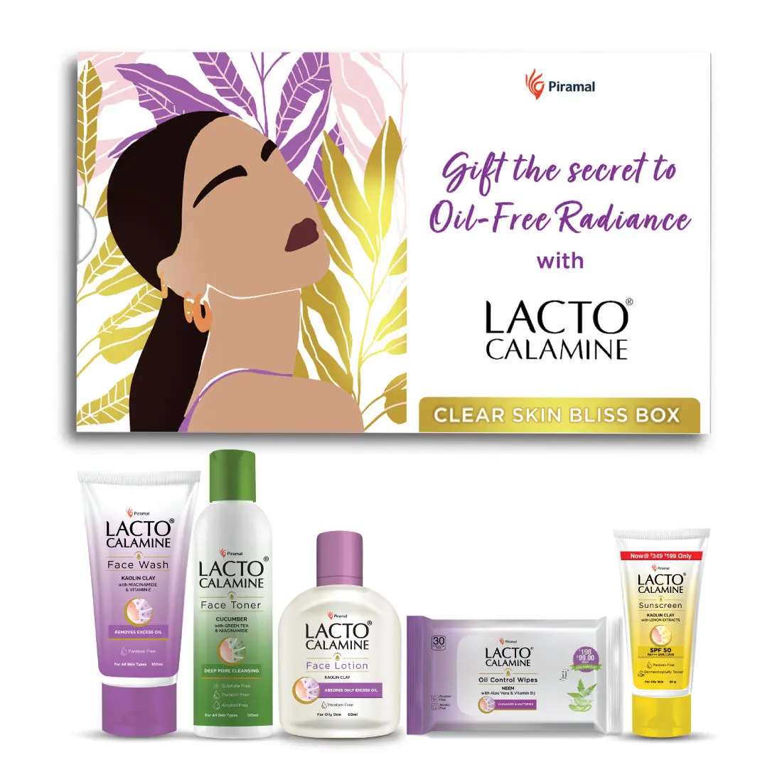 Lacto Calamine Clear Skin Bliss Box With Face Wash, Toner, Lotion, Sunscreen, Wipes| All Occasion Oil-Free Radiance gift set with 5 Signature products 850gm