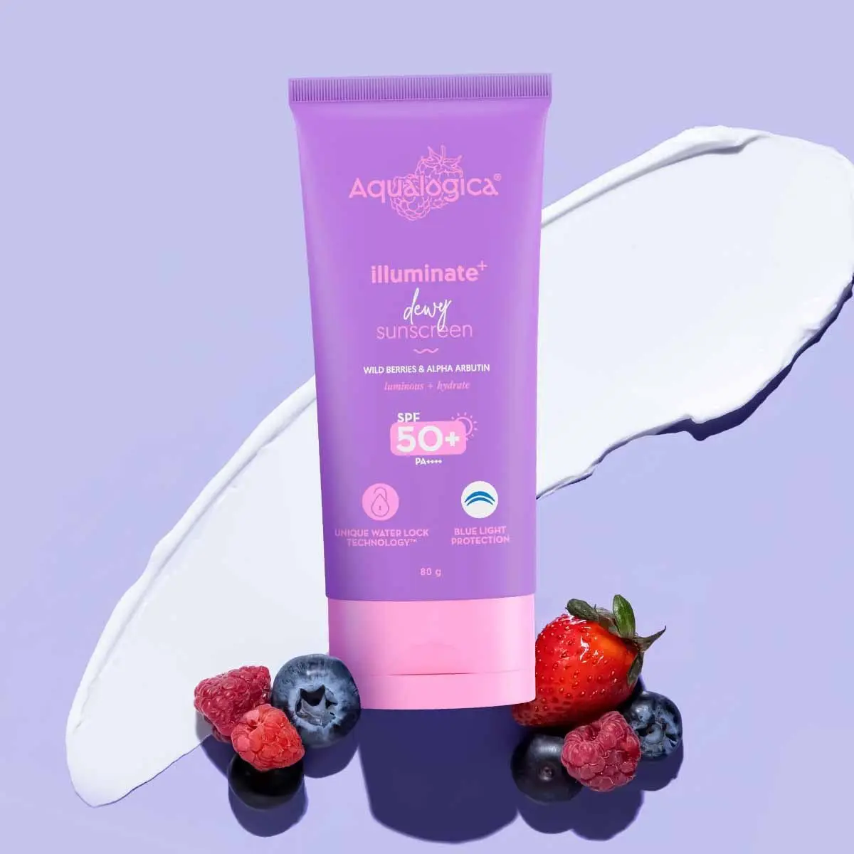 Aqualogica Illuminate+ Dewy Sunscreen SPF 50+ PA++++ with Wild Berries & Alpha Arbutin - 80 g