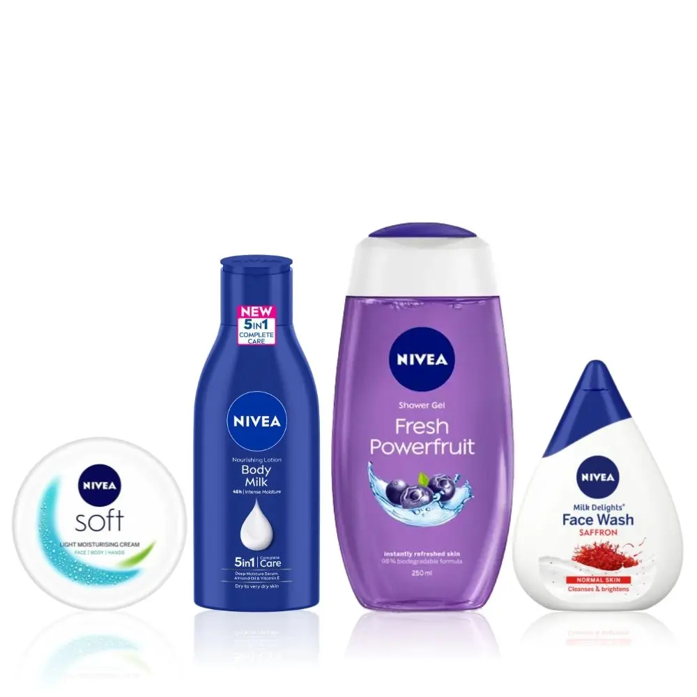 NIVEA Refresh & Revive Skin Combo 1(Powerfruit Fresh Shower Gel(250ml) + Saffron Face Wash(100ml) + Almond Oil Body Lotions(120ml) + SOFT Light cream(100ml))