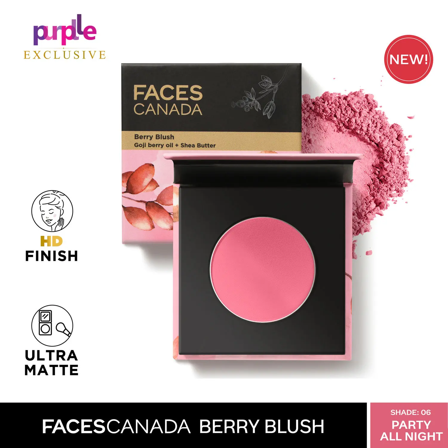 Faces Canada Berry Blush I Bright Pink I Superior Matte Finish I Silky Smooth Texture I Goji Berry & Shea Butter I No Parabens I Party All Night 06 (4 g) - Exclusively on Purplle