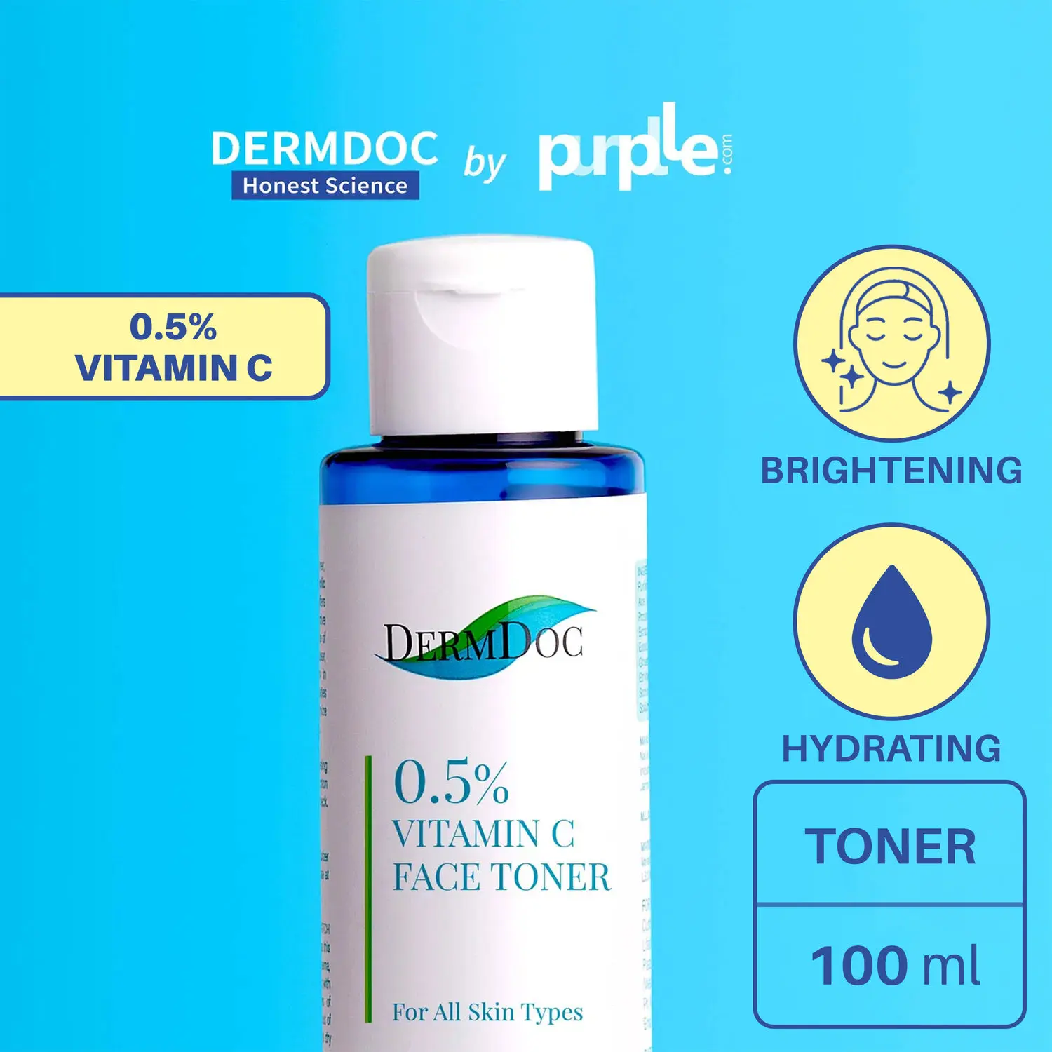 DERMDOC by Purplle 0.5% Vitamin C Face Toner (100ml) Toner for All Skin Types | Alcohol Free Toner | Vitamin C for oily skin | Brightening toner