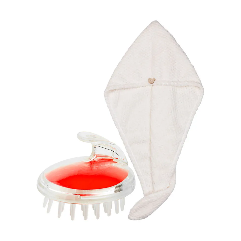 Streak Street Microfiber Hair Towel- Ivory + Candy Apple Red Hair Scalp Massager And Shampoo Brush