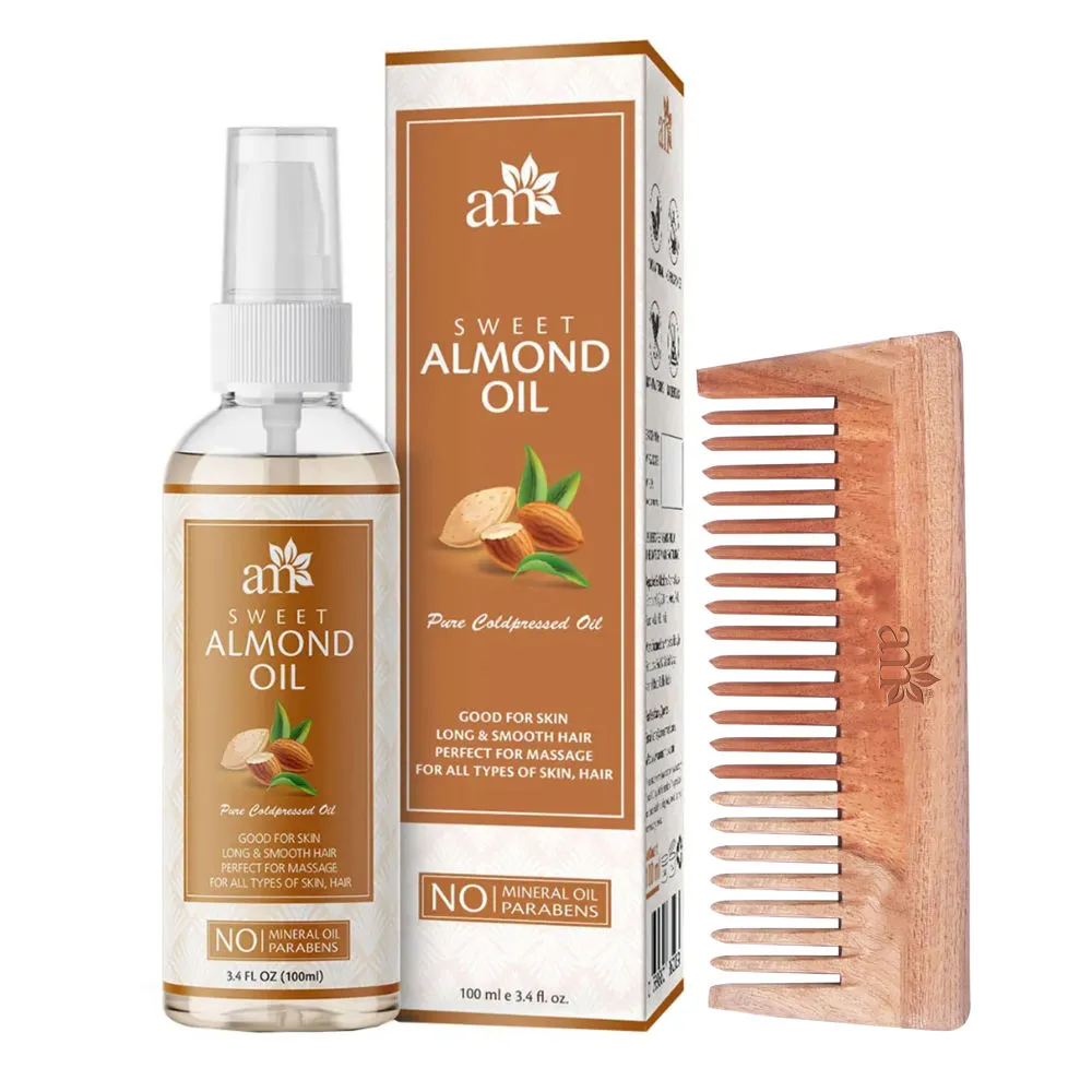 AromaMusk Cold Pressed Sweet Almond Oil with Wide Tooth Neem Wood Comb