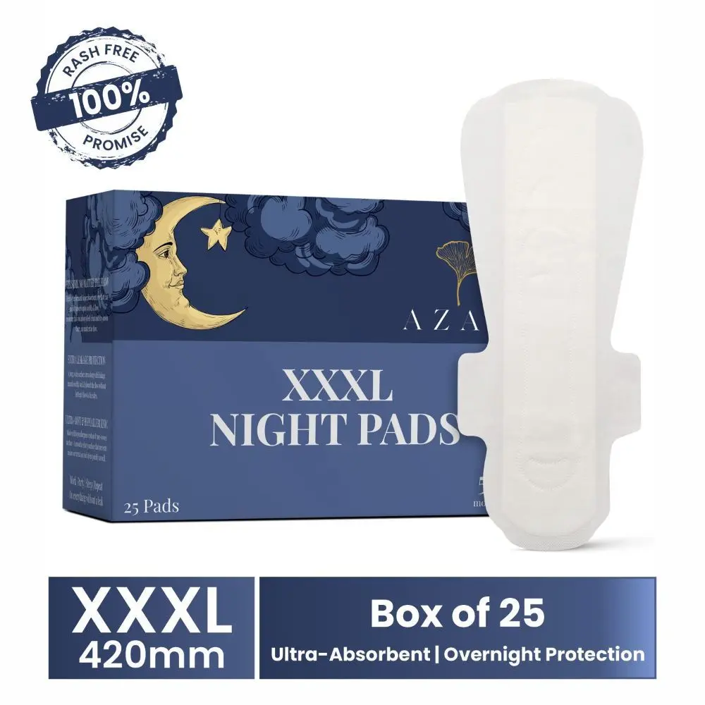 Azah Ultra-Absorbent Night Pads | XXXL Sanitary Pads for Heavy Flow | 500ml Absorption | Complete Overnight Protection | Made Safe Certified | Soft & Rash-Free Breathable Cotton | 100% Leak-Proof (Pack of 25)