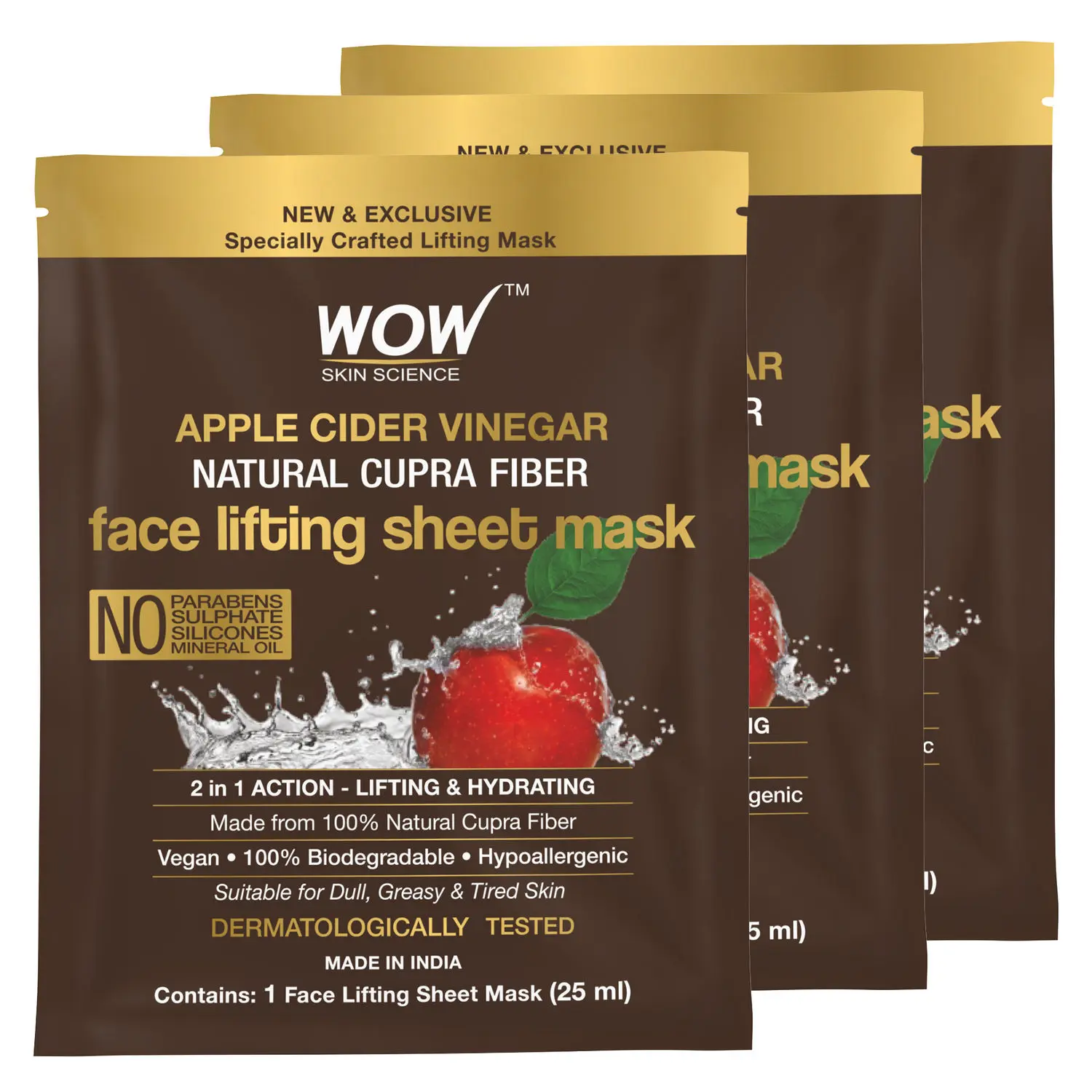 WOW Skin Science Apple Cider Vinegar Natural Fiber Cupra Face Lifting Sheet Mask - Controls Oil and Balances pH Level - 25 MLPack of 3