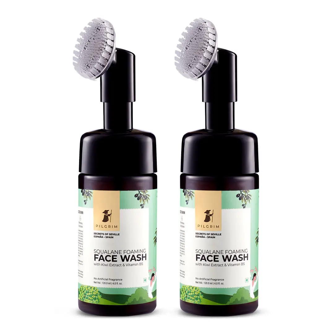 Pilgrim Squalane Foaming Face Wash With Kiwi Extracts & Aloe For Hydration Pack Of 2 |Face Wash With Brush |Non Drying Cleanser For Face |Face Wash For Dry & Combination Skin |For Men & Women |120 Ml (Pack of 2)