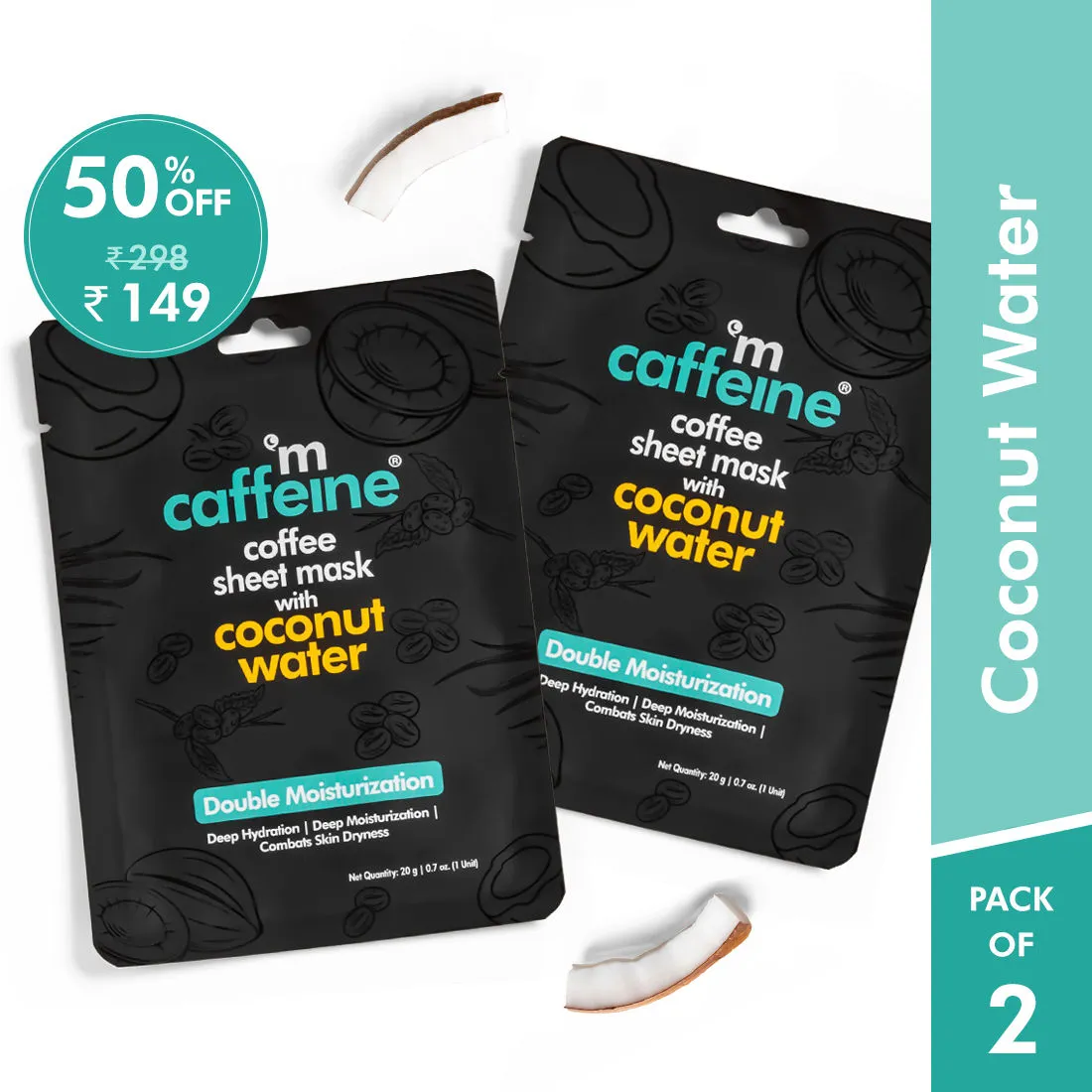 MCaffeine Coconut Water Face Sheet Masks with Coffee for Deep Moisturization & Hydration - Pack of 2