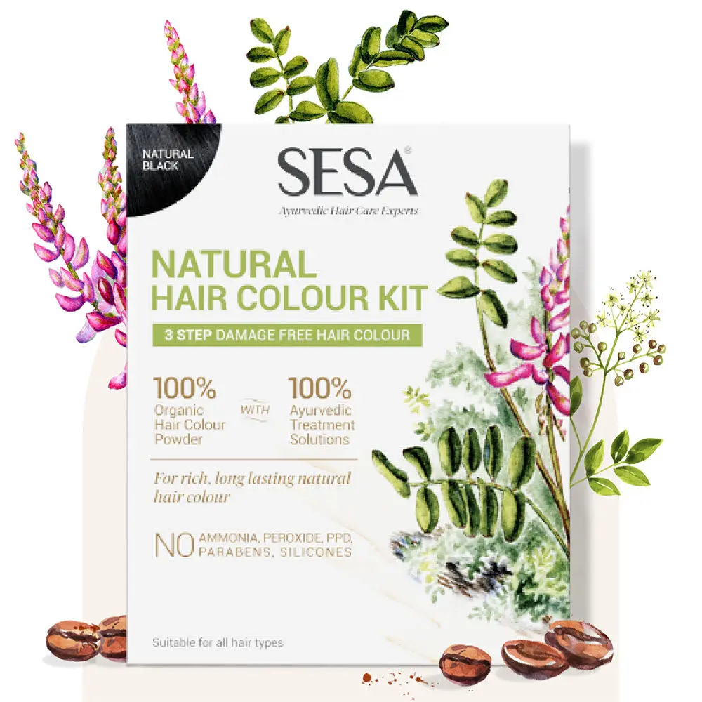 Sesa 3 Step Natural Hair Colour Kit - For FIRST GREYS - 100% Organic & Ayurvedic - NO Ammonia, PPD, Peroxide, 200gm + 40ml