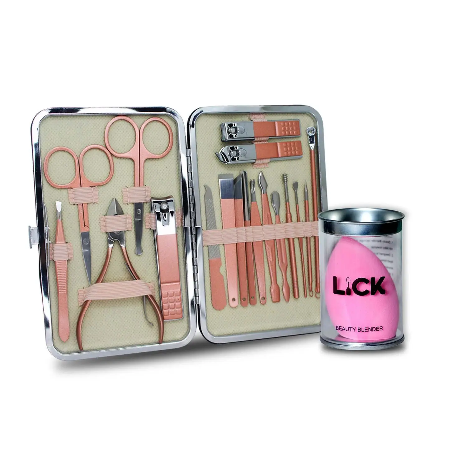 Lick Combo Set of 18 in 1 Brown Manicure Pedicure Kit & 1 Pink Beauty Blender