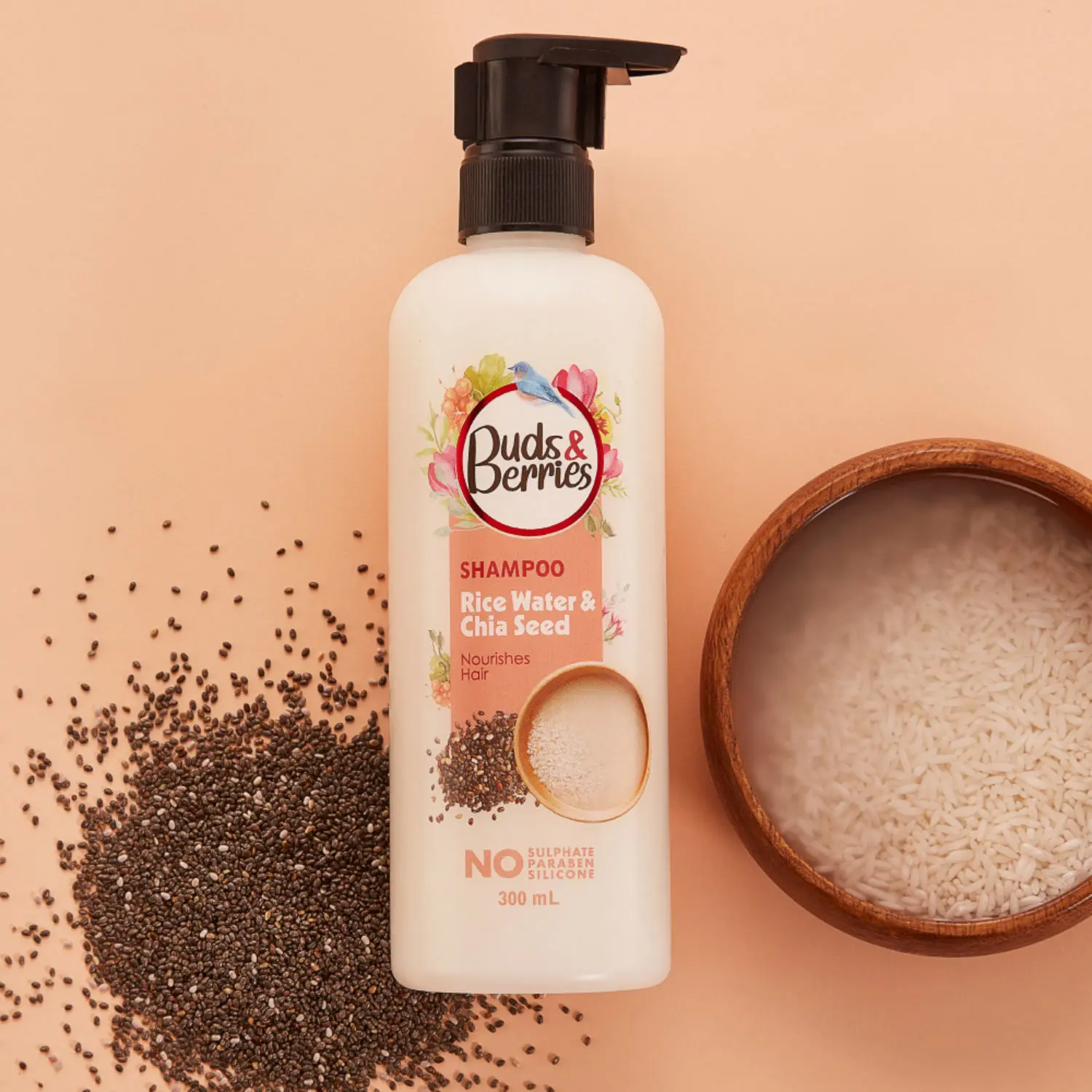 Buds & Berries Rice Water & Chia Seed Shampoo for Nourishment, No Sulphate, No Paraben - 300 ml