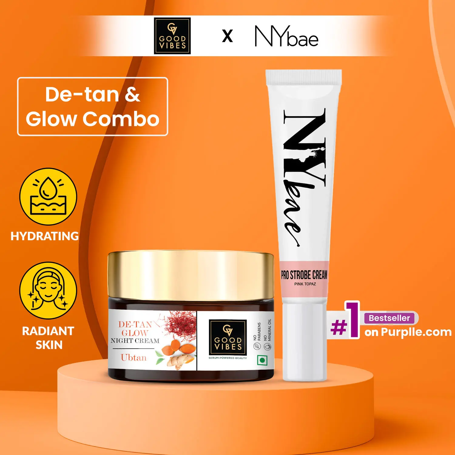   Good Vibes x NY Bae Natural Glow Combo By Purplle | Bestsellers | Strobe Cream | DeTan Glow Night Cream.