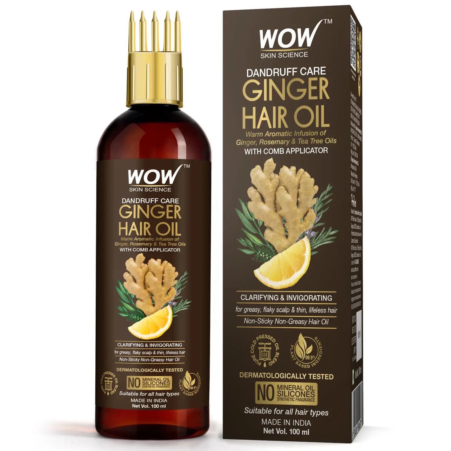 WOW Skin Science Ginger Hair Oil - for Dandruff Care - with Comb Applicator - 100mL