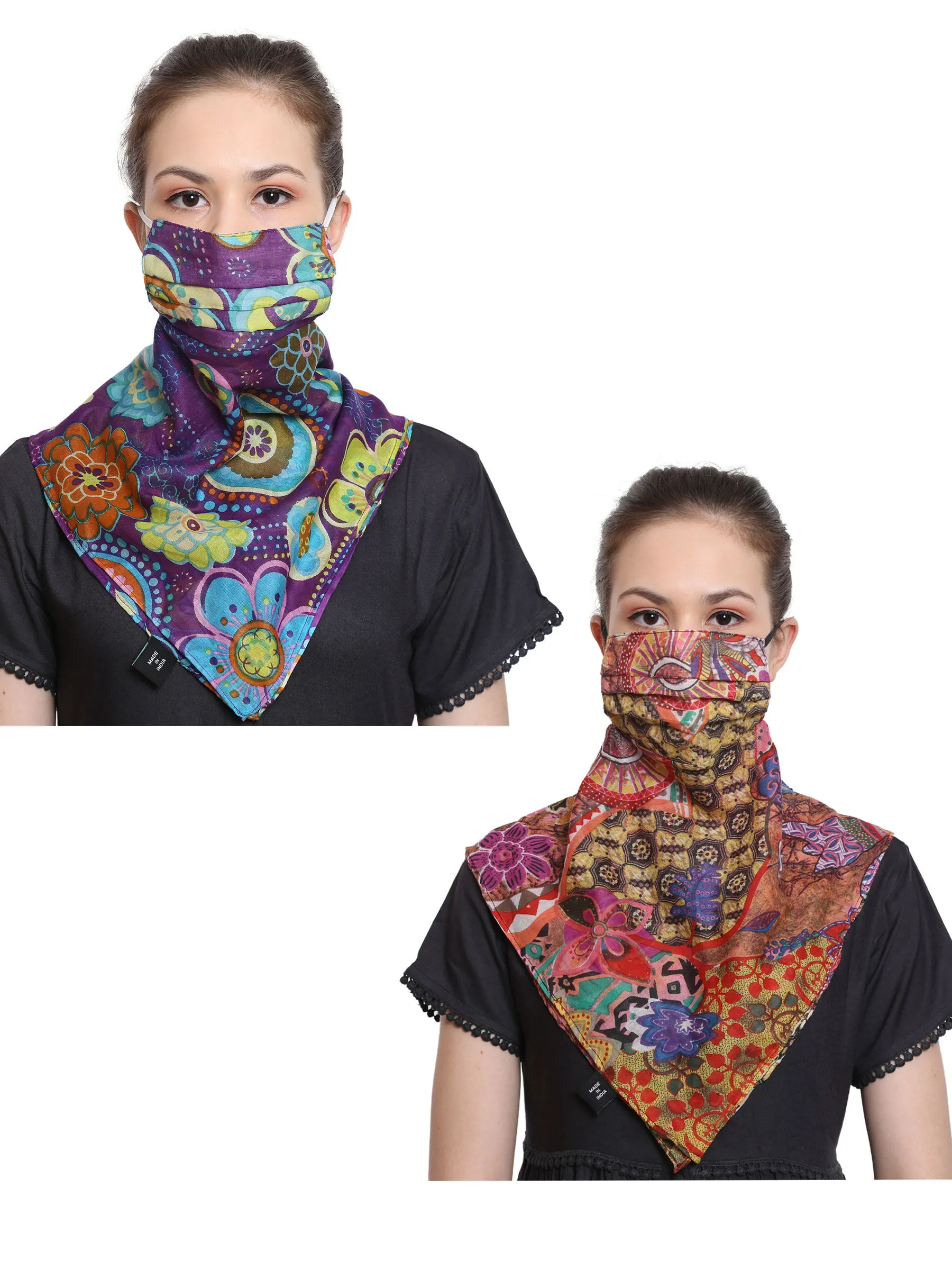 Anekaant Multicolor 3-Ply Reusable Printed Cotton Scarf Style Fashion Mask (Pack Of 2)