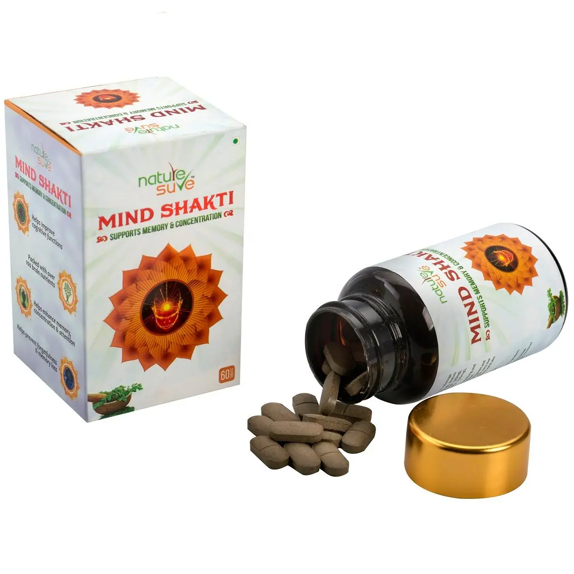 Nature Sure Mind Shakti Tablets for Memory and Concentration in Men and Women - 1 Pack (60 Tablets)