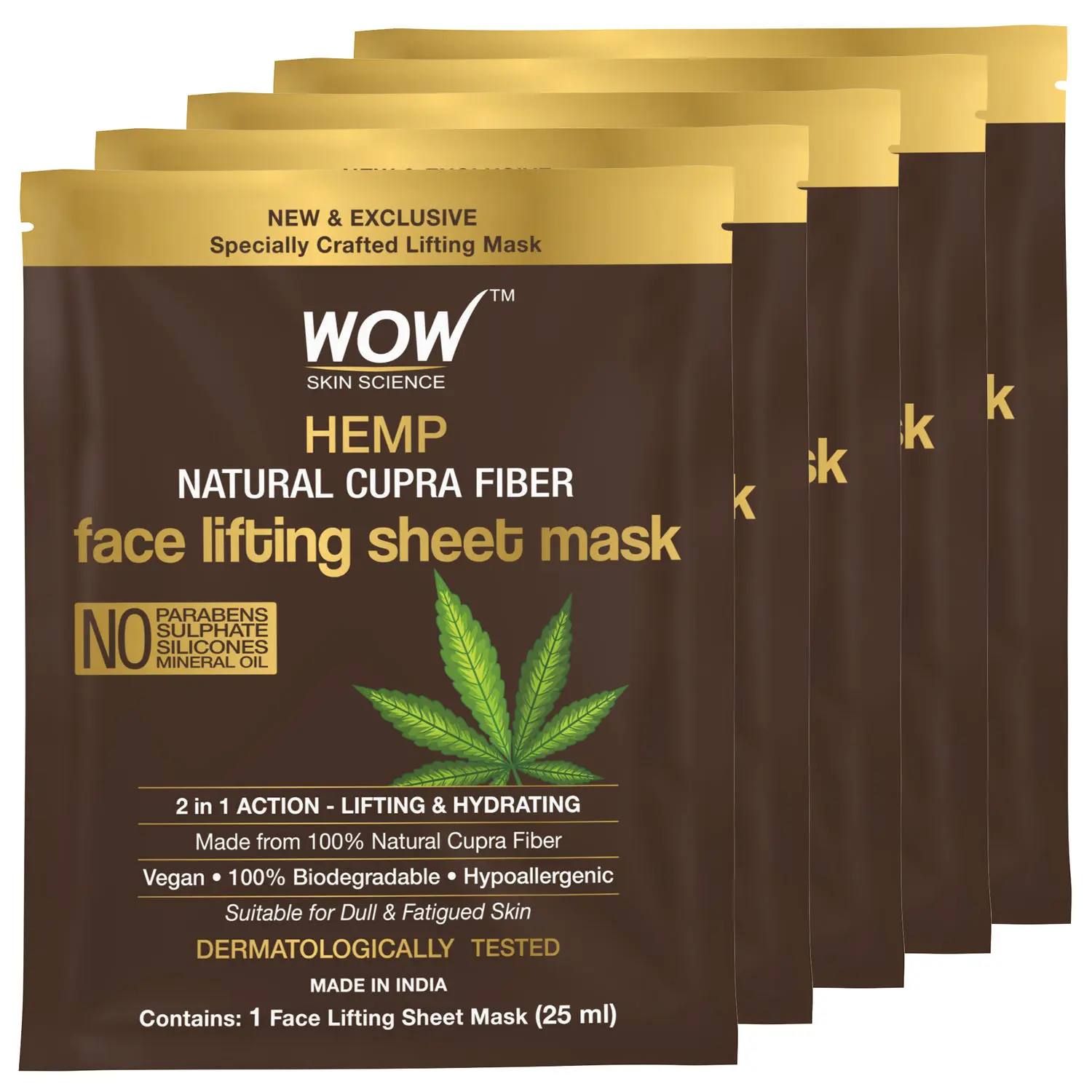 WOW Skin Science Hemp Natural Cupra Fiber Face Lifting Sheet Mask - Prevents UV Damage And Repairs Skin Barrier - 25 Ml - Pack of 5