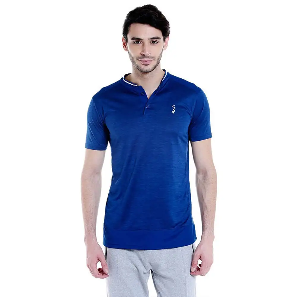 Campus Sutra Solid Men Mandarin Collar Half Sleeve T Shirt,  Blue  Large